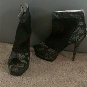 Black mesh open toe heels
